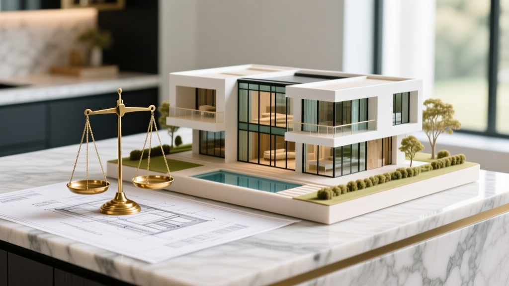 Architectural blueprints on a marble island next to a brass scale model of a modern luxury estate with floor-to-ceiling glass