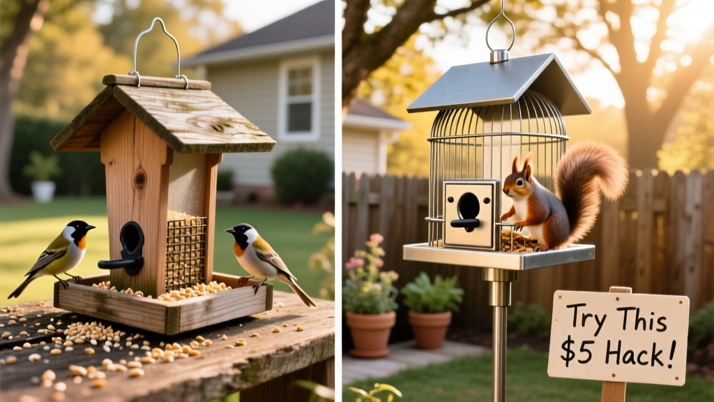 Side-by-side comparison: a standard bird feeder versus a squirrel-proof model with cage enclosure
