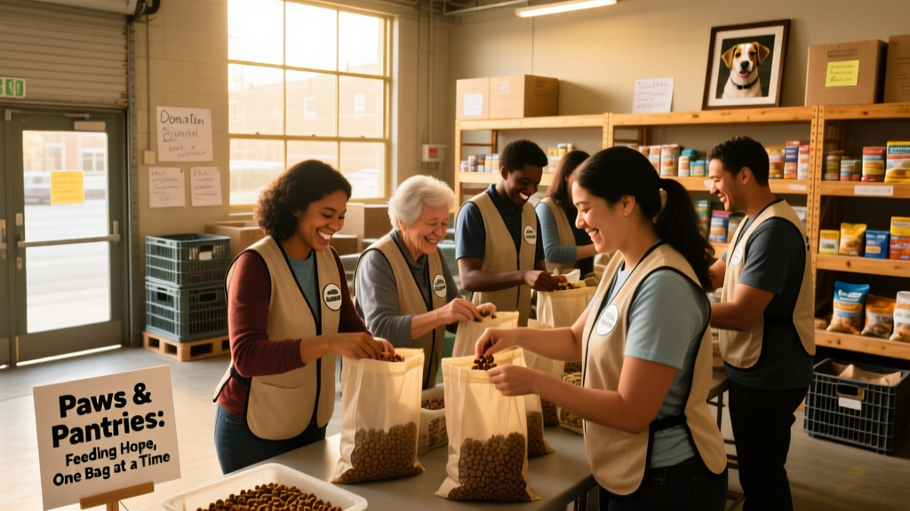 Volunteers packing bags of dog and cat food at a community pet pantry event