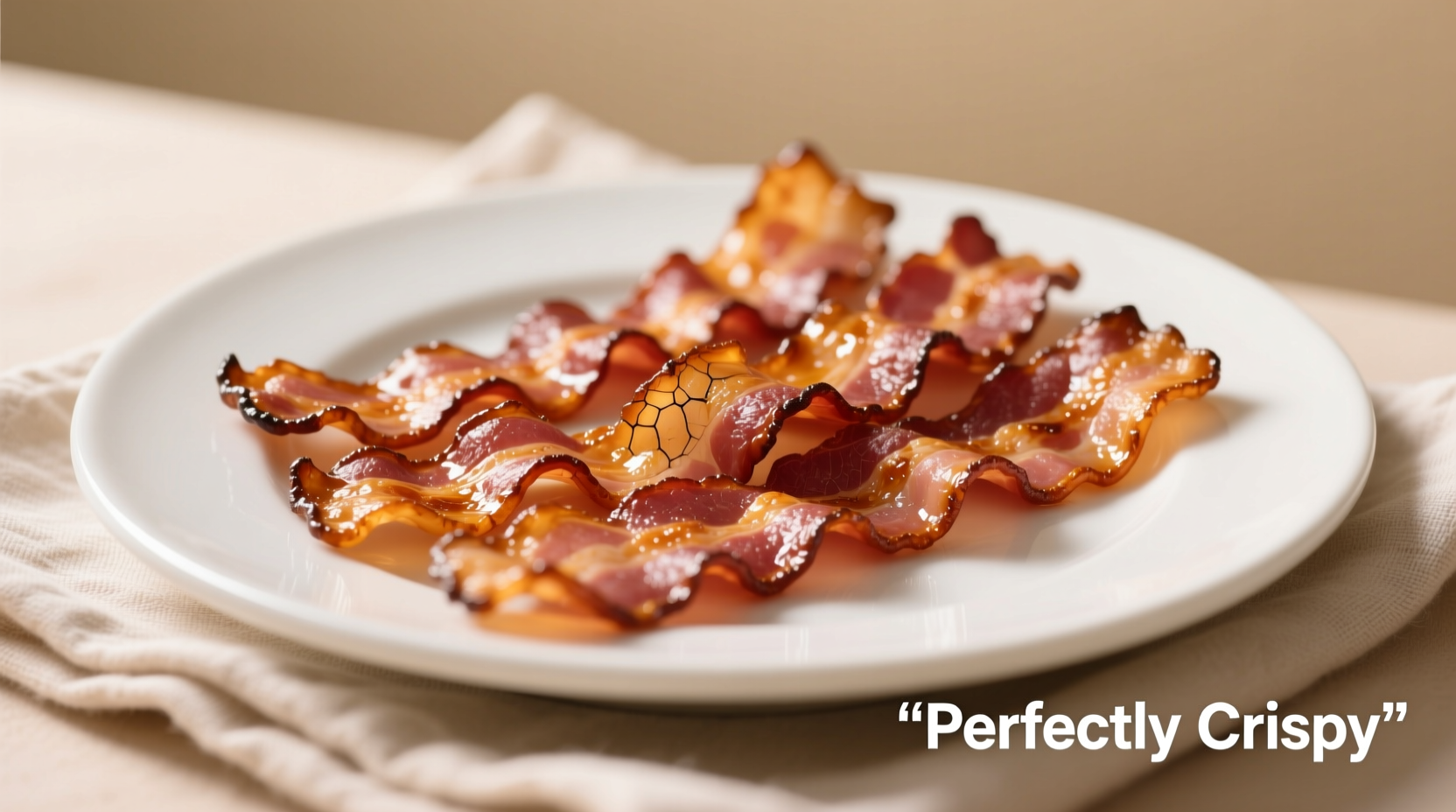 Perfectly cooked crispy bacon strips on white plate