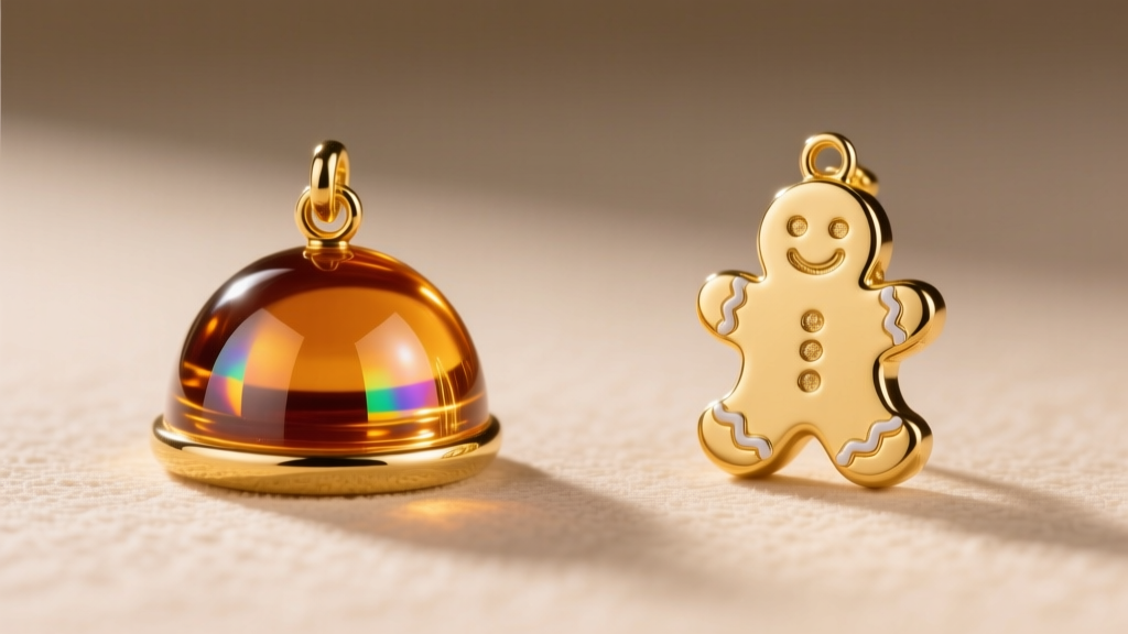 Side profile comparing domed vitreous glass enamel next to flat cold epoxy resin finish on gold gingerbread man charms