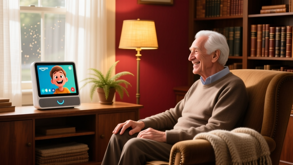 An older man using an Amazon Echo Show smart display to make a hands-free video call to his grandson in a cozy den.