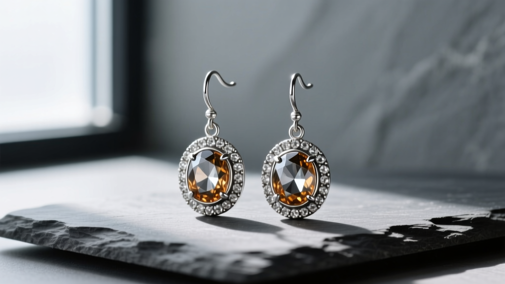 Sterling silver marcasite drop earrings on slate, showing faceted pyrite stones and intricately oxidized silver bezel settings.