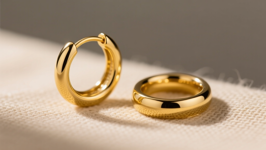Macro view comparing an 18k yellow gold huggie and a 14k gold huggie on beige linen, illuminated by soft directional lighting