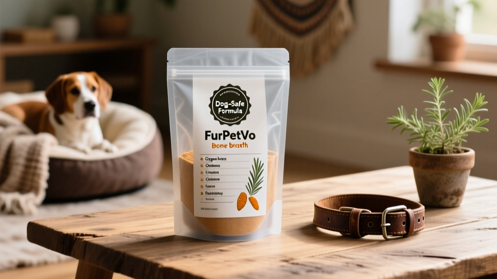 FurPetVo bone broth powder packaging with clear 'Dog-Safe Formula' seal and clean ingredient list visible