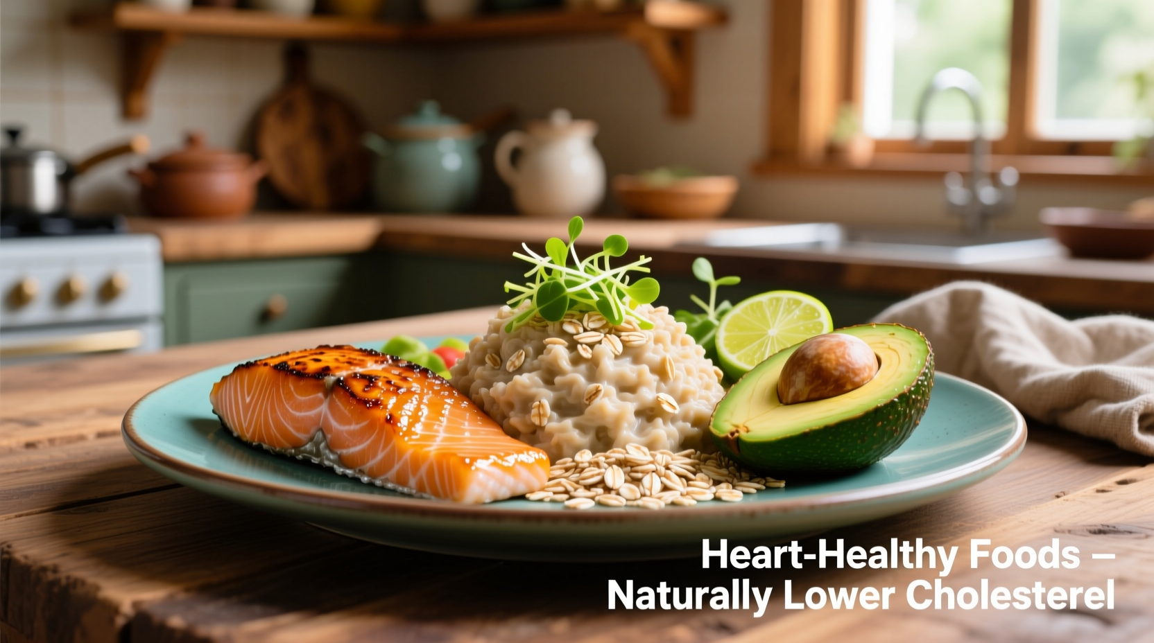 Colorful plate of cholesterol-lowering foods including oats, salmon, and avocado