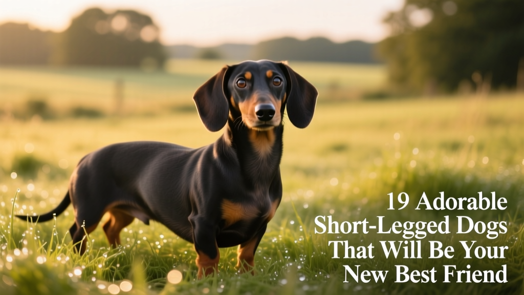A smooth-coated dachshund standing alert on grassy ground