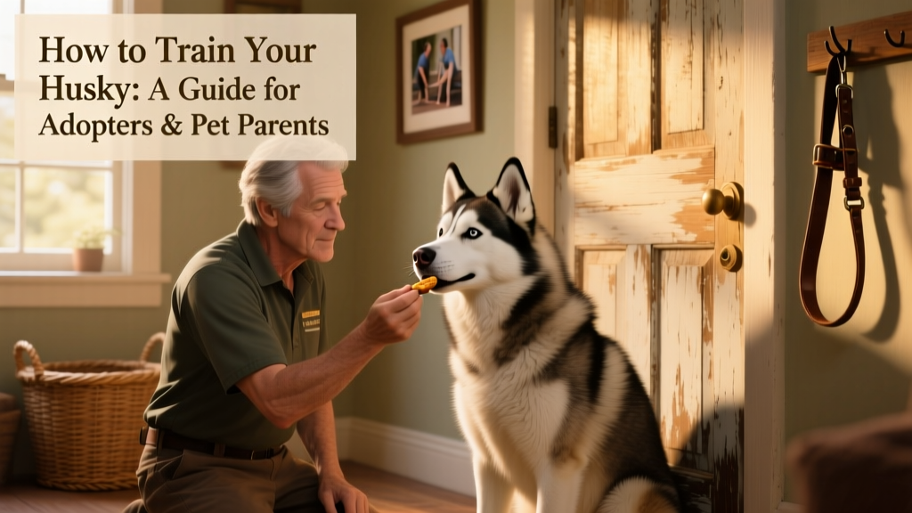 A trainer calmly rewarding a Husky with a treat while the dog sits attentively beside a closed door
