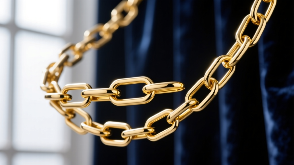 Macro shot of 14k gold paperclip chain links, showing seamless soldering and high-polish finish against a dark velvet backdrop