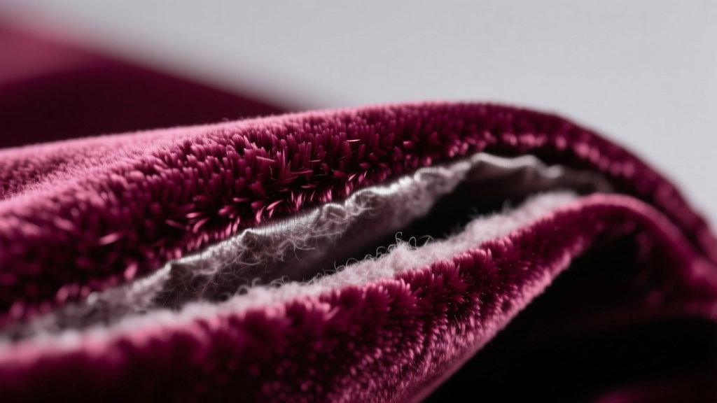 Macro shot of crushed plum silk velvet interior lining, highlighting dense fabric pile and a hidden anti-tarnish flannel layer.