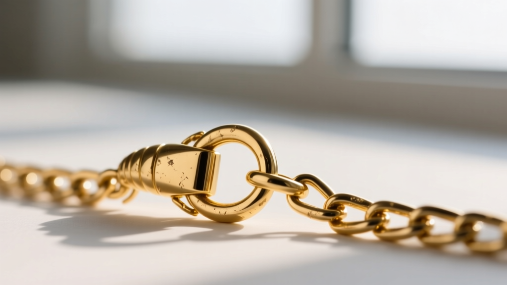 Macro shot of a gold-plated necklace lobster clasp and chain links showing minor wear on the metal finish near a small jump ring