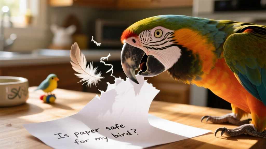 Close-up of a bird’s beak gently tearing a sheet of plain white paper, not swallowing