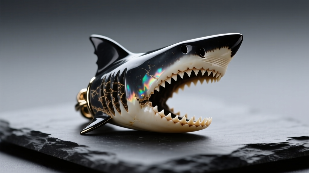 Fossilized megalodon shark tooth pendant on dark slate, highlighting dark enamel and sharp serrations under soft studio lighting