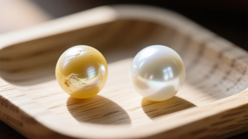 Side-by-side view of a dull yellowed freshwater pearl next to a luminous white Akoya pearl resting on a wooden jeweler