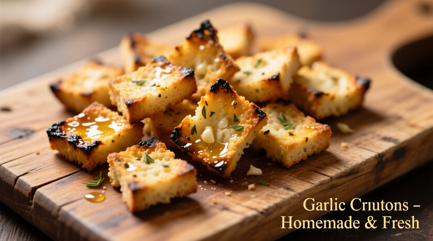 Golden garlic croutons on wooden cutting board