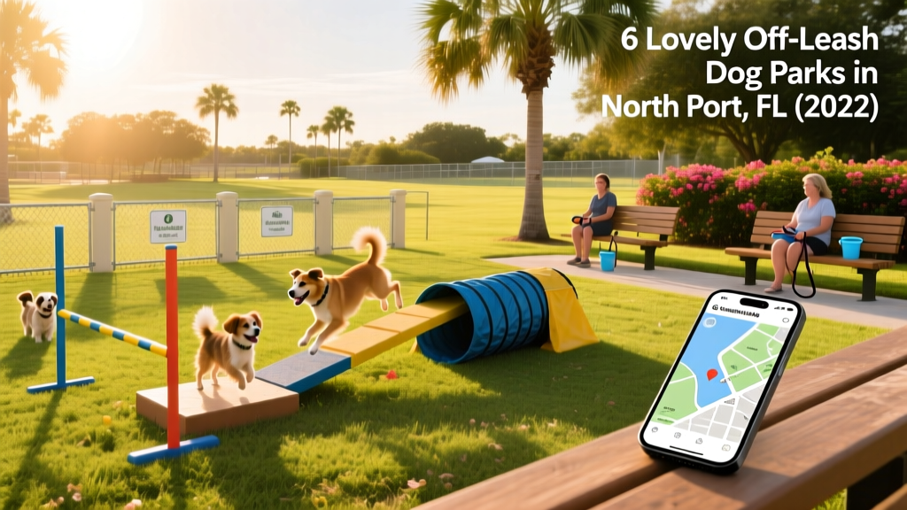 A sunny, well-maintained off-leash dog park with separate fenced areas for small and large dogs, agility equipment, and shaded benches