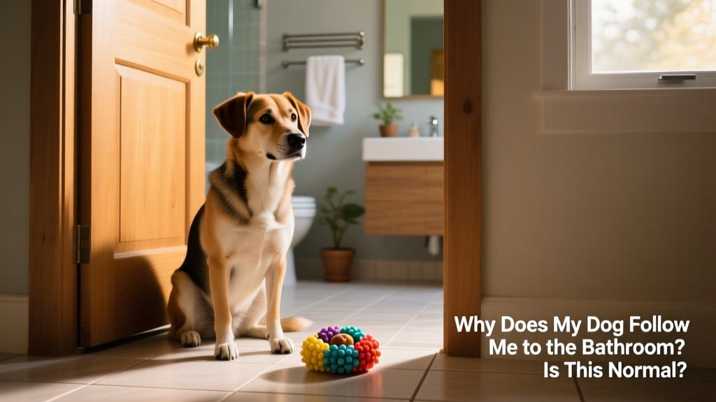 A dog sitting calmly outside a bathroom door with a food puzzle toy nearby