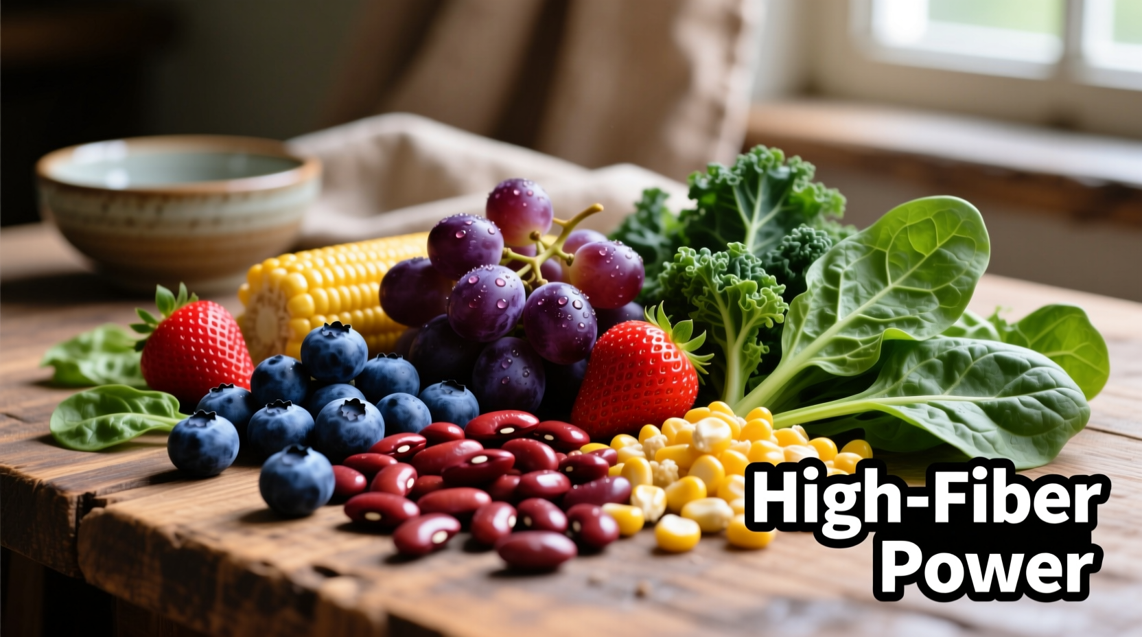 Colorful high-fiber foods including berries, beans, and leafy greens