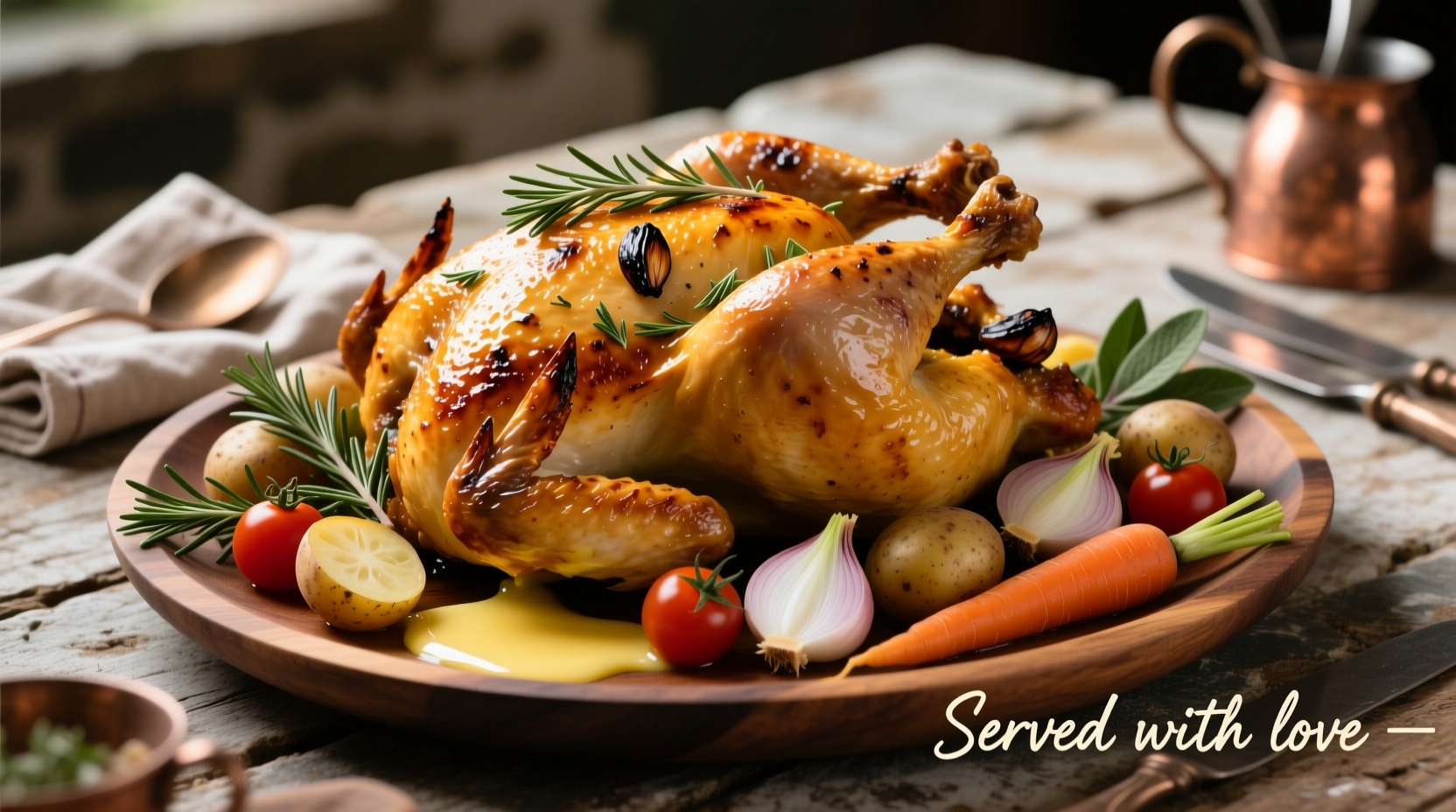 Golden roasted whole chicken with herbs and vegetables