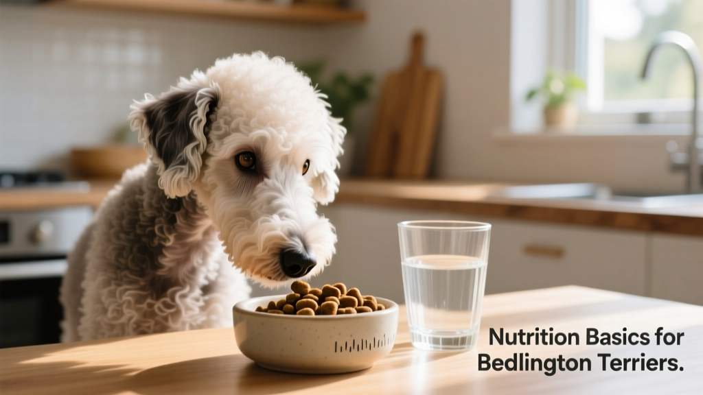 A Bedlington terrier enjoying a measured portion of vet-approved kibble beside fresh water, highlighting proper nutrition basics