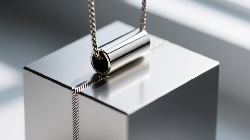 Extreme close-up of a hidden tube bail on a cube pendant, showing seamless laser welding where the metal bail meets the flat top.
