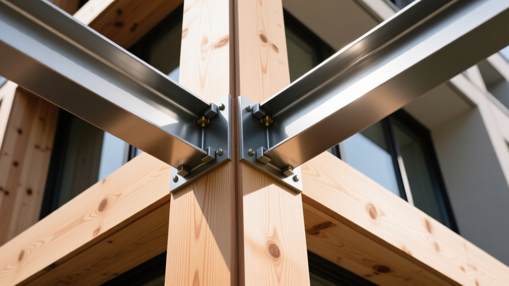 Close-up of Japanese cross-laminated timber panels and steel seismic dampers installed on a modern mid-rise building frame