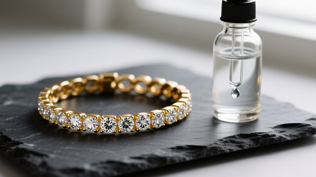 Macro shot of a 14k gold diamond bracelet on dark slate next to a glass dropper bottle of clear isopropyl alcohol in soft lighting