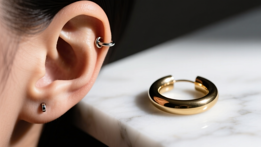Close-up of a stretched earlobe piercing next to a heavy brass hoop earring resting on white marble under soft clinical lighting.