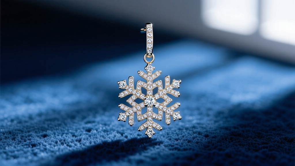 Close-up of a delicate 18k white gold snowflake drop earring encrusted with pavé moissanite, resting on frosted blue velvet.