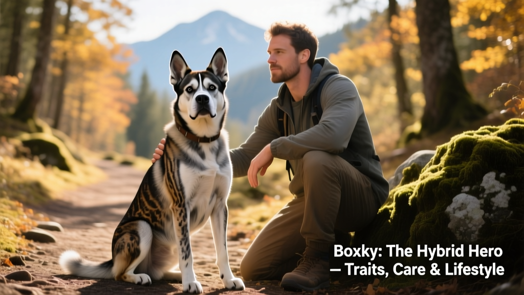 An adult Boxsky sitting alertly beside its owner on a hiking trail
