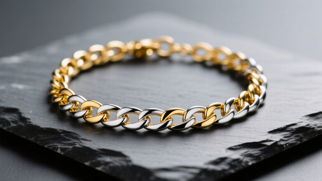 Close-up of an 18k yellow gold and sterling silver two-tone chain necklace resting on dark slate under soft, diffused studio lighting.