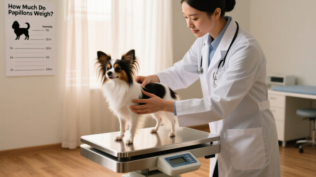 A veterinarian gently placing a Papillon on a veterinary scale while checking its posture and muscle tone