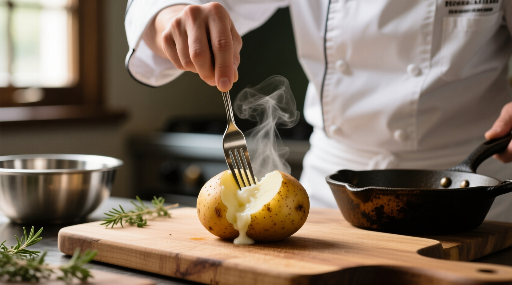 Chef testing potato softness with fork