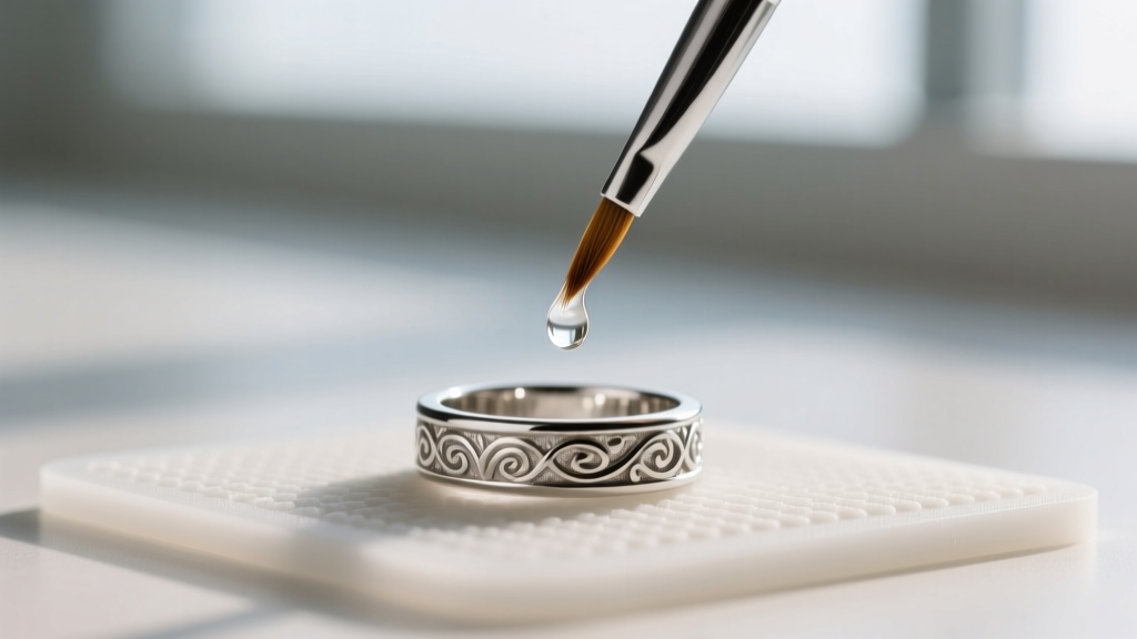 Close-up of a small brush applying a clear liquid jewelry sealant to a silver-toned costume ring resting on a silicone mat.
