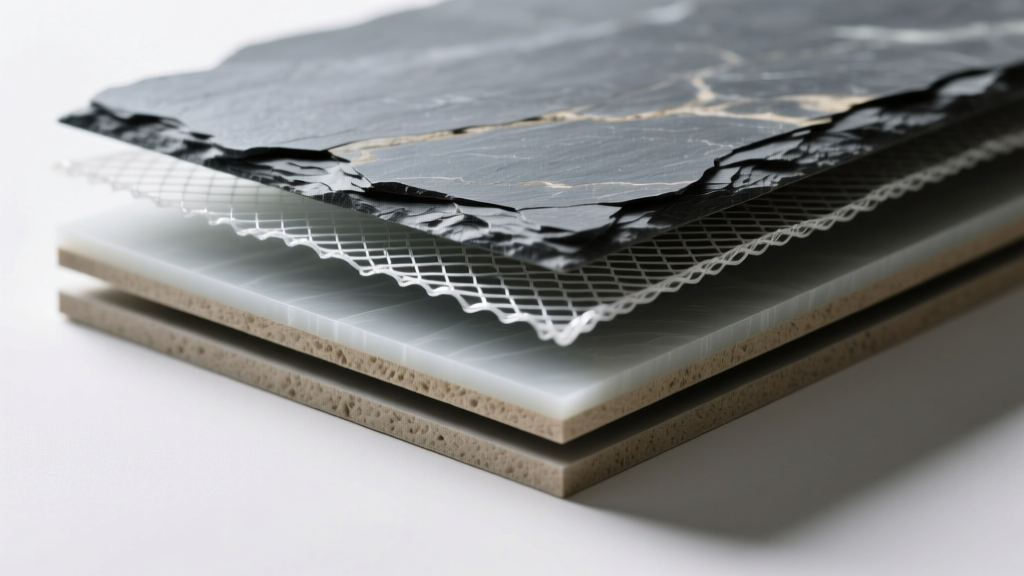 Cross-section of flexible stone veneer showing 2mm slate face bonded to woven fiberglass mesh and polymer resin backing layer