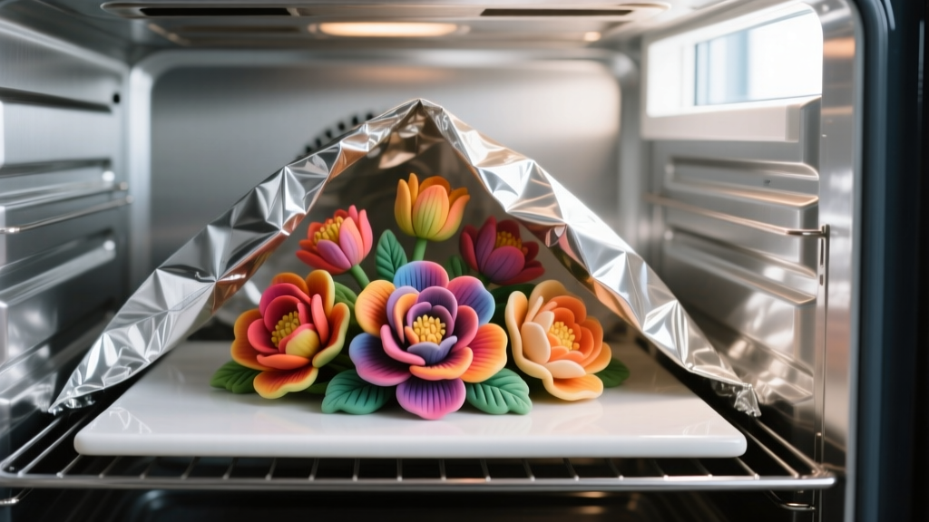 Polymer clay flower pieces arranged on a ceramic tile inside an oven, covered with an aluminum foil tent to prevent scorching.
