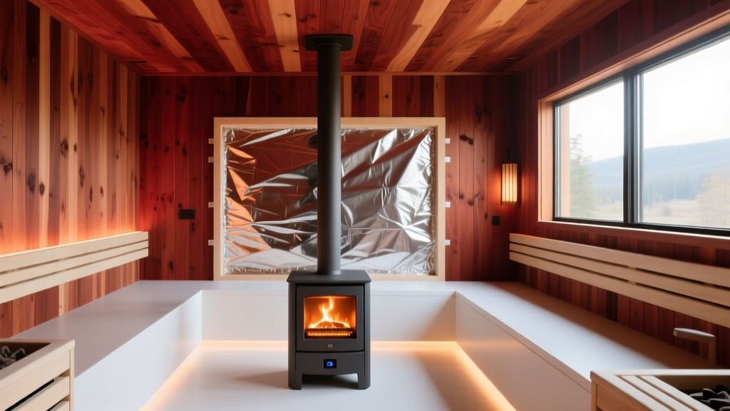 Interior of custom Western Red Cedar sauna with glowing electric stove, foil vapor barrier visible behind unfinished wall framing.