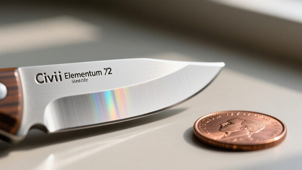 Close-up macro shot of the Civivi Elementum D2 steel blade edge reflecting ambient light next to a copper coin for scale