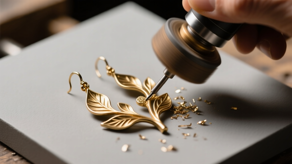 Jeweler workbench showing a raw brass nature-inspired earring casting being polished with a rotary tool under warm studio lighting