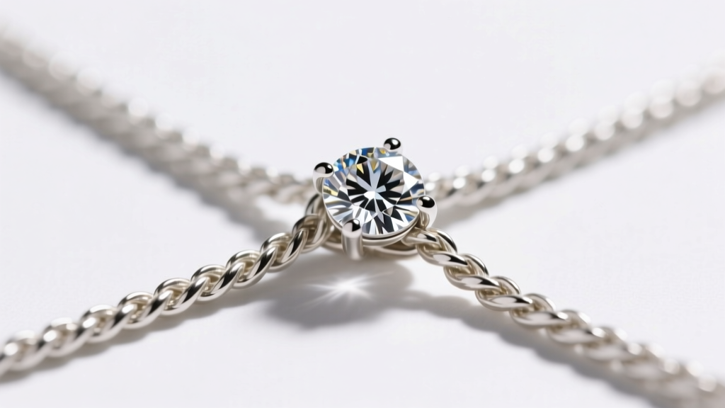 Macro shot of a diamond pendant bail smoothly sliding onto a textured 2mm white gold rope chain under bright studio lighting