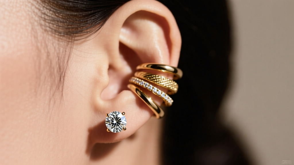 Side profile of a curated ear stack featuring a large 2-carat diamond stud anchor in the primary lobe with delicate gold hoops.