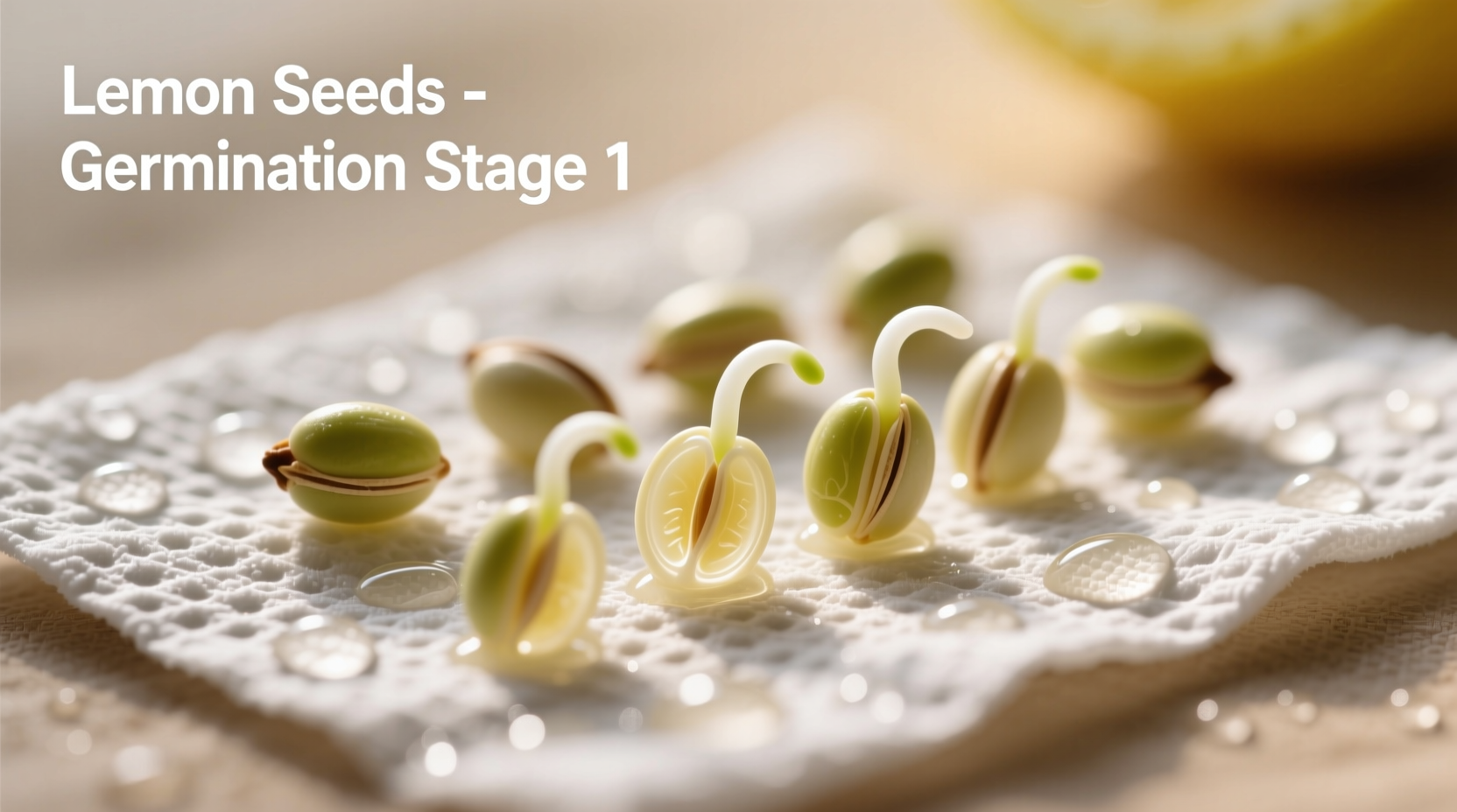 Lemon seeds prepared for germination on paper towel