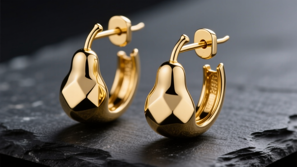 Macro shot of 14k yellow gold Quince hoop earrings on dark slate, highlighting the polished hinge clasp under soft studio lighting