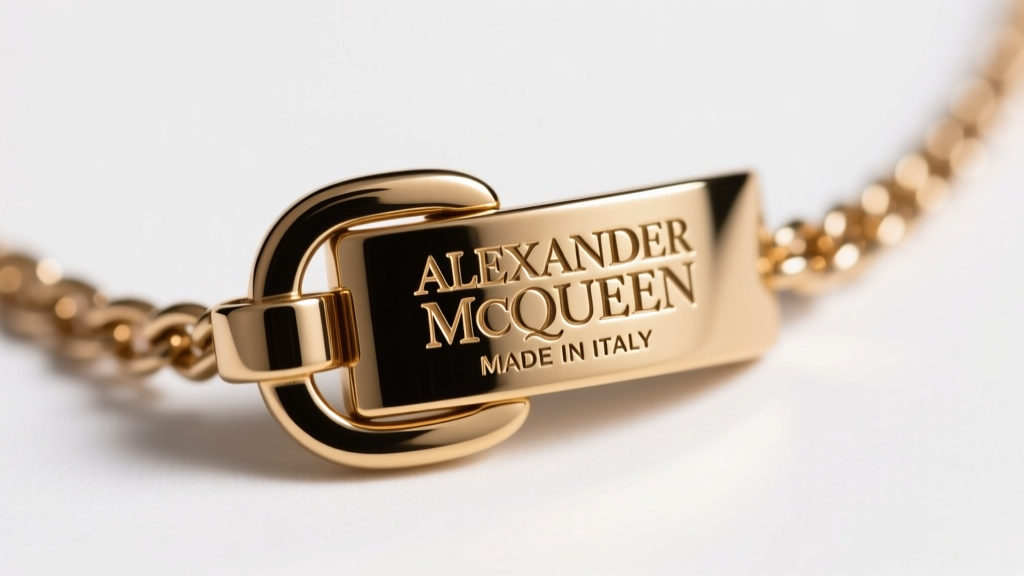 Macro view of a McQueen necklace clasp, revealing crisp ALEXANDER MCQUEEN and MADE IN ITALY stamps deeply engraved on brass