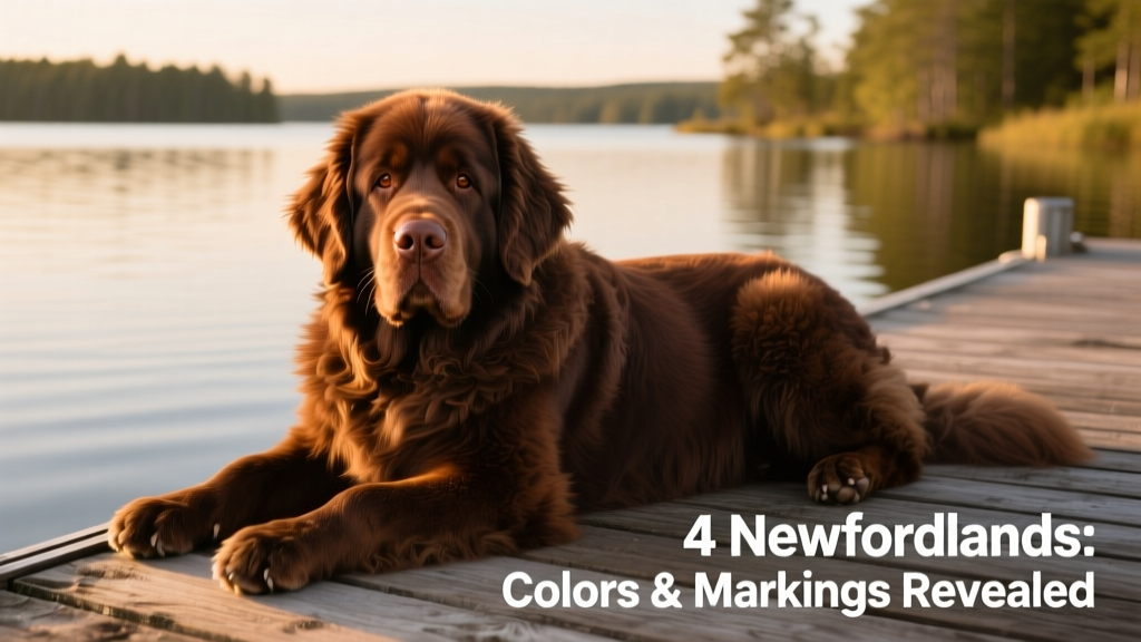 A brown Newfoundland resting beside a wooden dock, highlighting its warm coat tone and brown nose