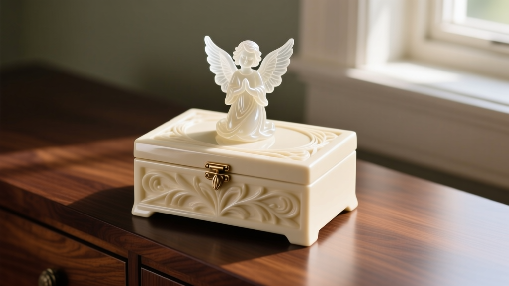 Close-up of a cream-colored Willow Tree jewelry box with a carved resin angel figurine on the lid, resting on a dark oak dresser.