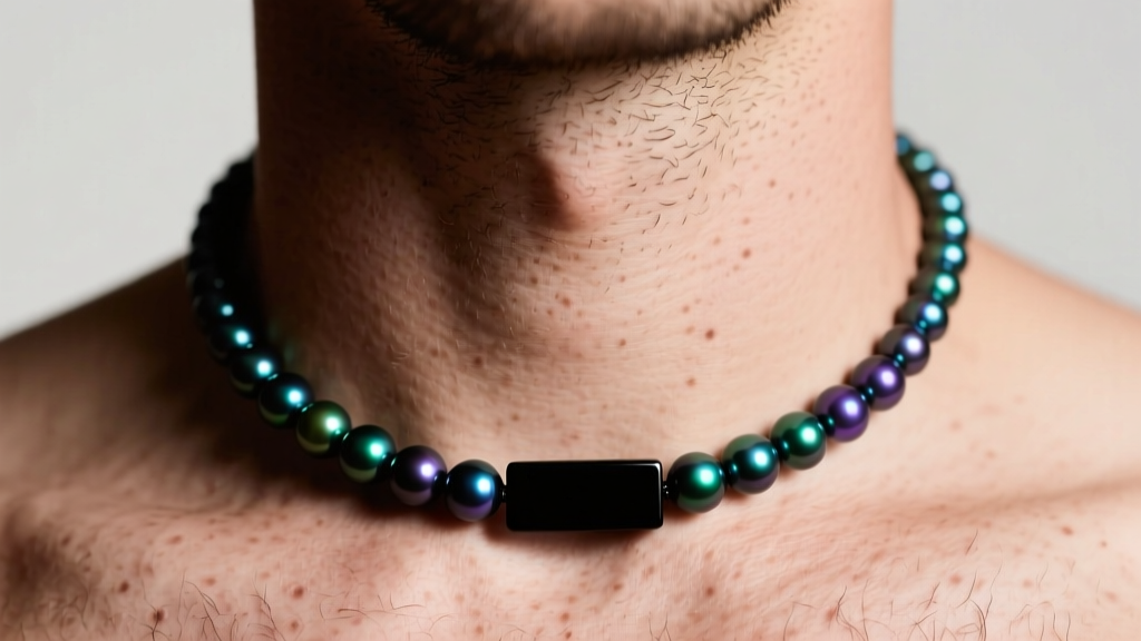 Close-up of a masculine neck wearing a 10mm Tahitian black pearl necklace with a subtle peacock overtone and a matte black clasp.