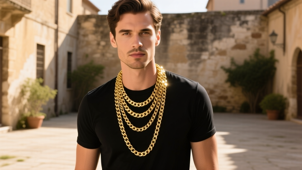 Man wearing layered gold vermeil and gold bonded chains over a dark t-shirt, photographed outdoors in natural afternoon sunlight.