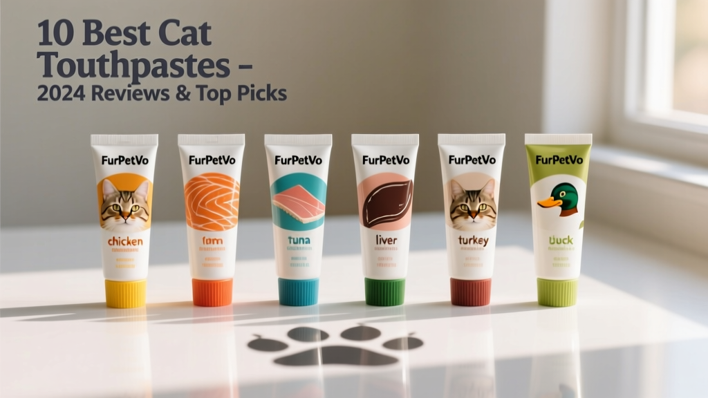 Assortment of FurPetVo cat toothpastes in different flavors lined up on a clean white surface