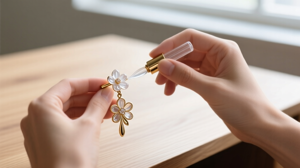 Hands applying clear jewelry sealant to the brass post of a floral drop earring against a clean wooden desk background.